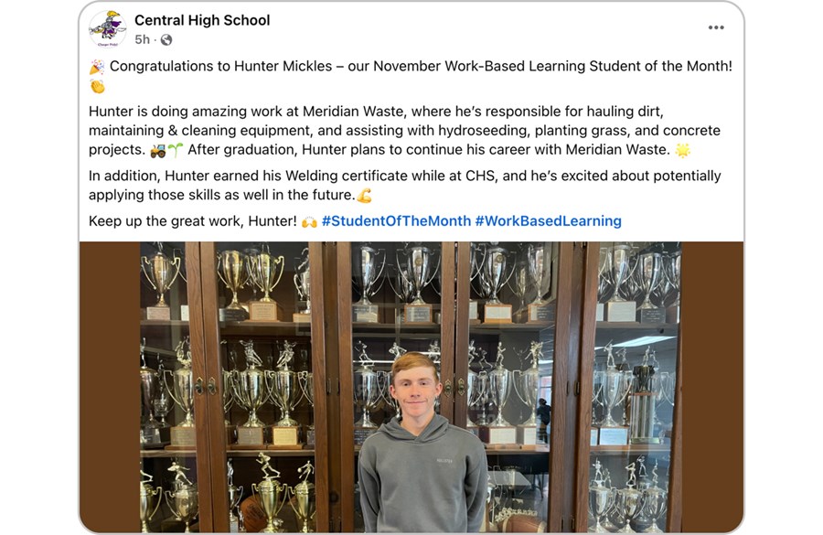 Congratulations to Hunter Mickles, Meridian Waste Apprentice Central High School’s Student of the Month!